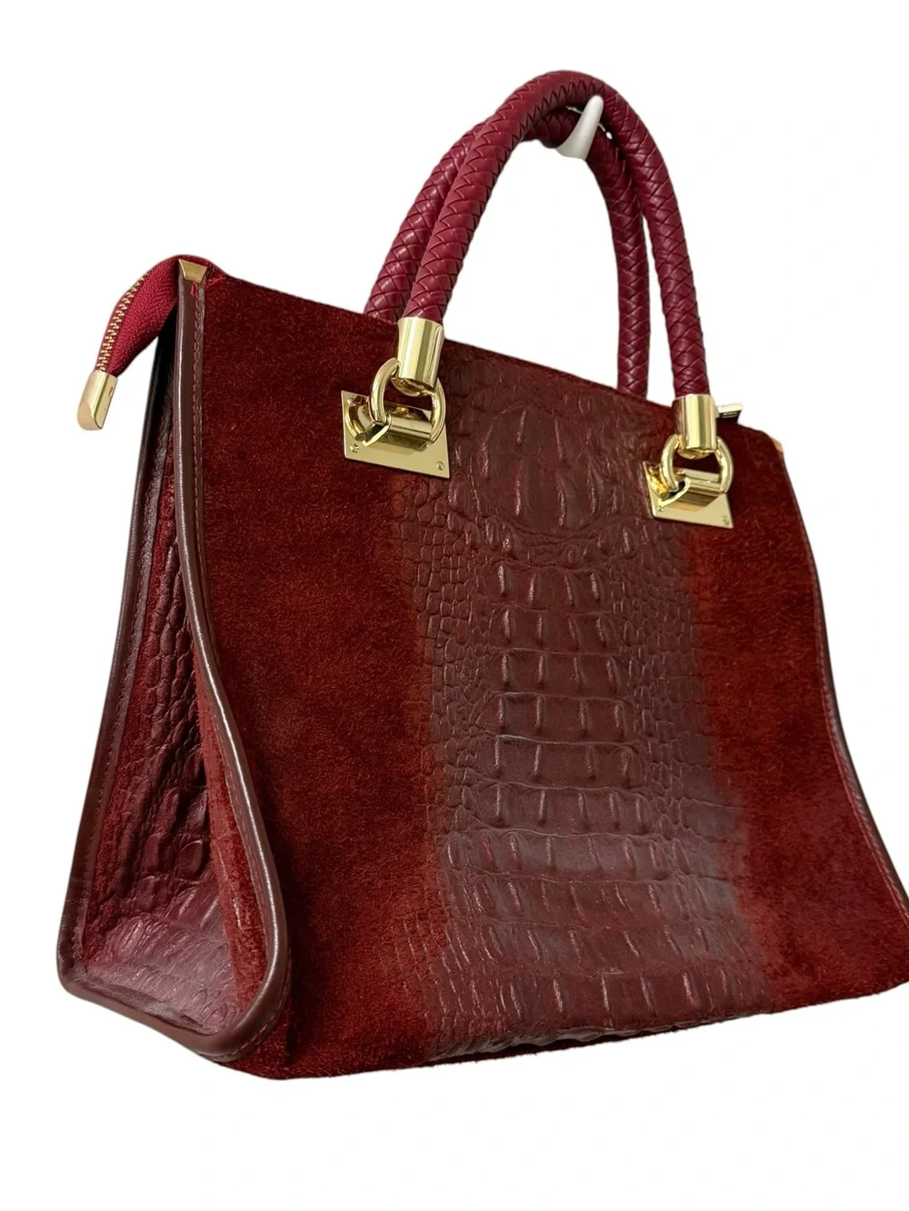 Vera Pelle Burgundy Croc-Embossed Suede Top-Handle Satchel